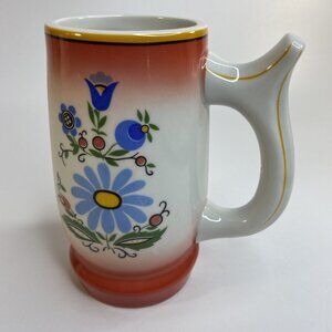 Vintage Lubiana Polish Pottery Stein Mug Mid Century Folk Art Floral Embroidery
